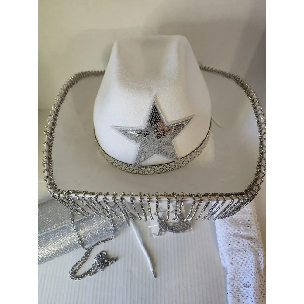 Womens Rhinestone-Cowgirl Hat Wide Medium-Large, White Purse-earrings & Sleeves